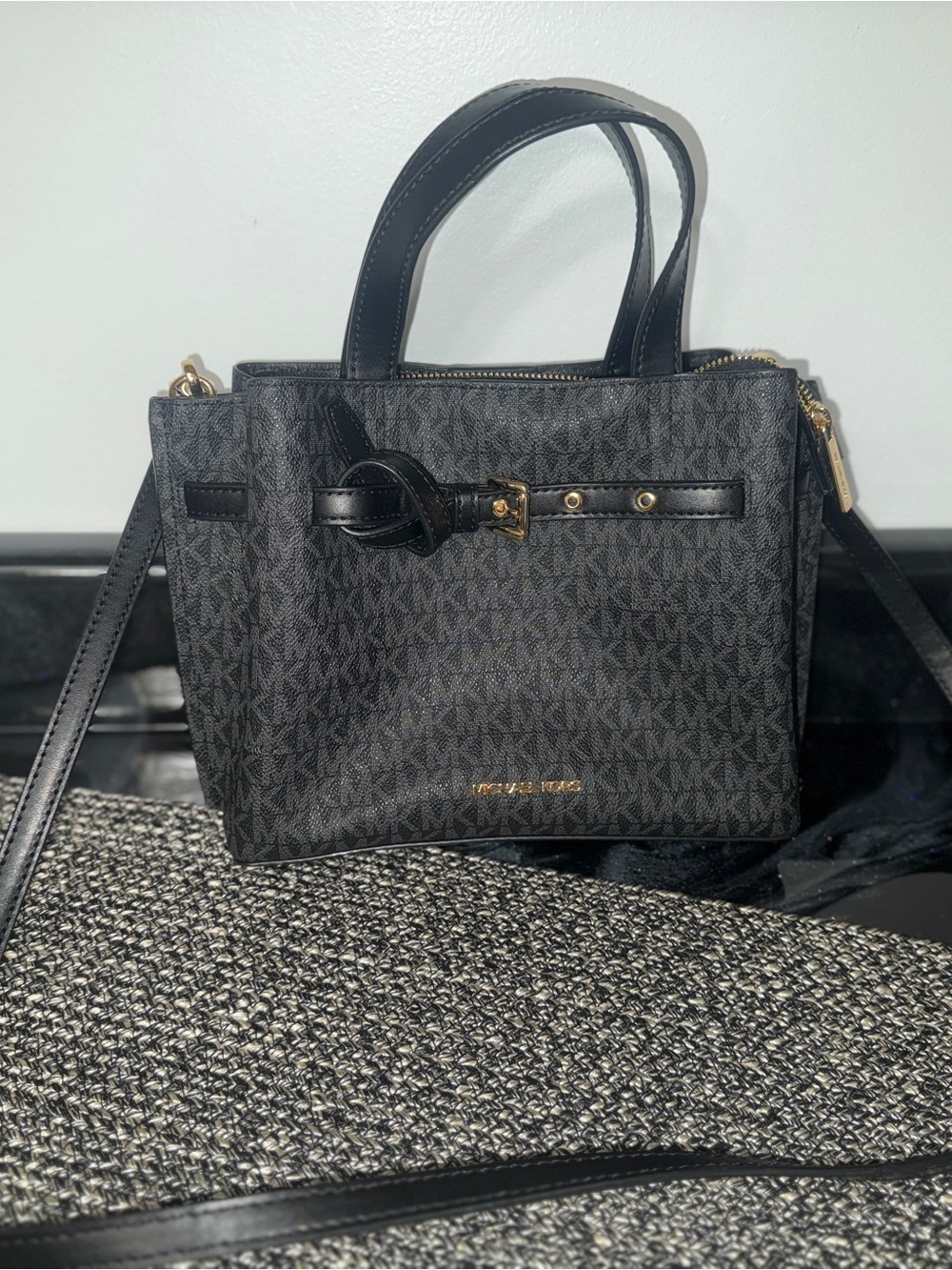 Michael Kors Black Signature Mini Satchel with Gold Hardware